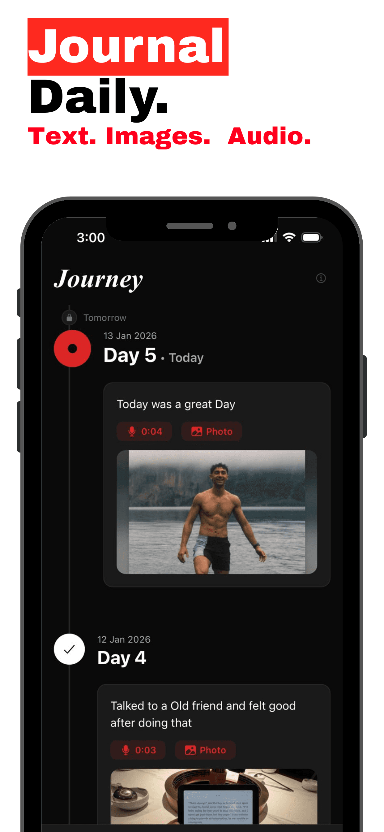 Resolve daily journal interface with text, photos, and audio recording for personal growth