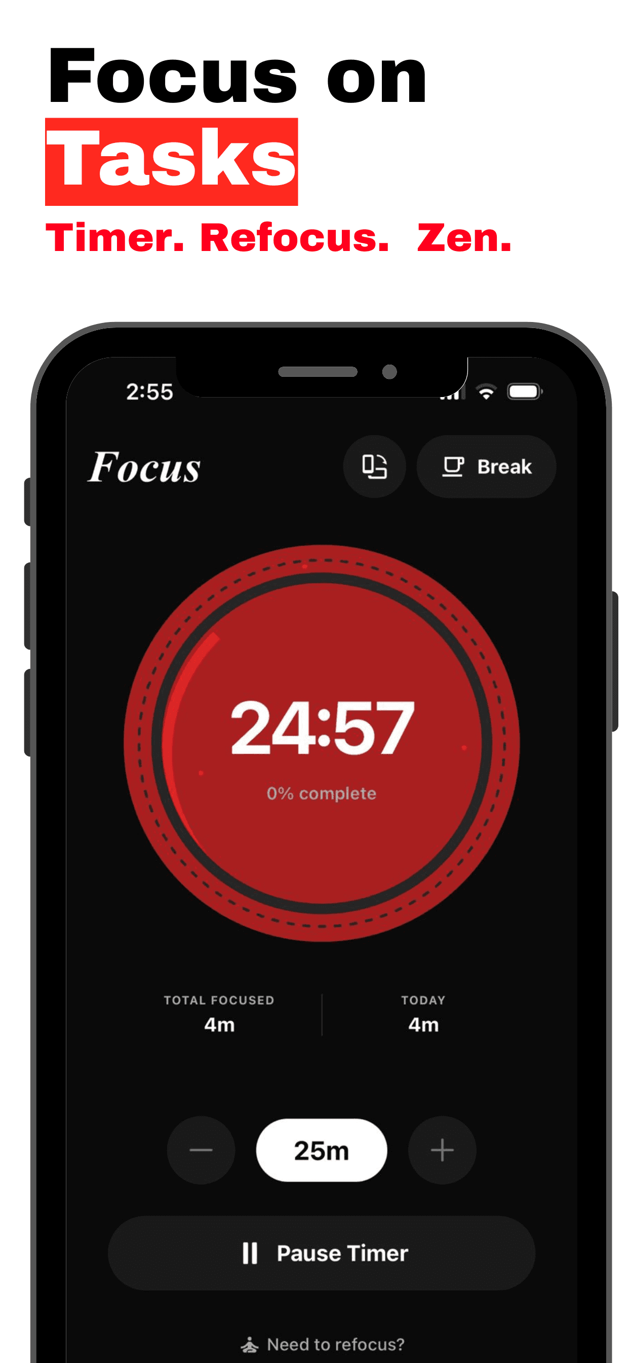 Resolve focus timer with Pomodoro technique, deep work mode, and distraction-free interface