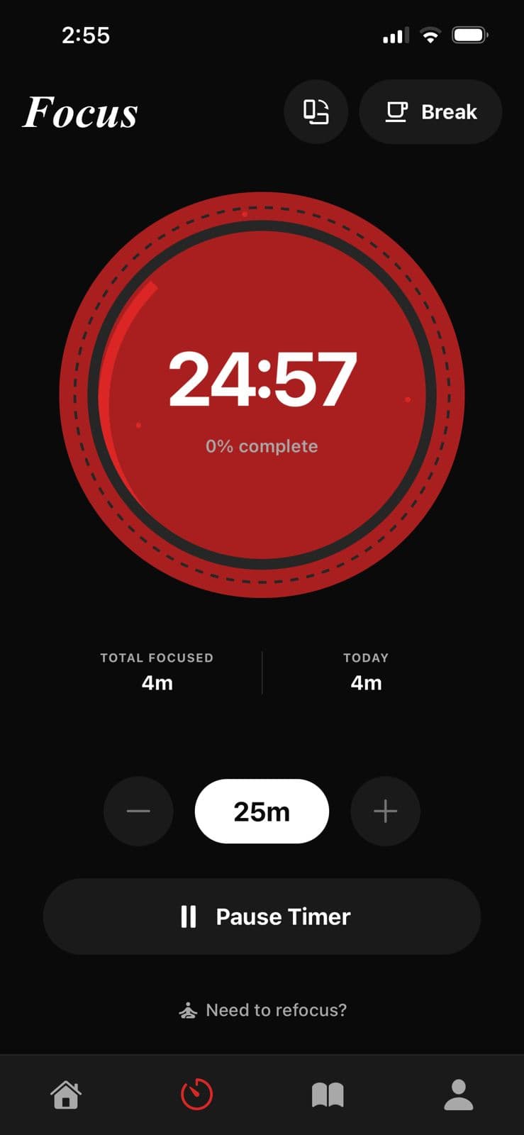 Real screenshot of the Resolve focus timer with progress ring and focus statistics